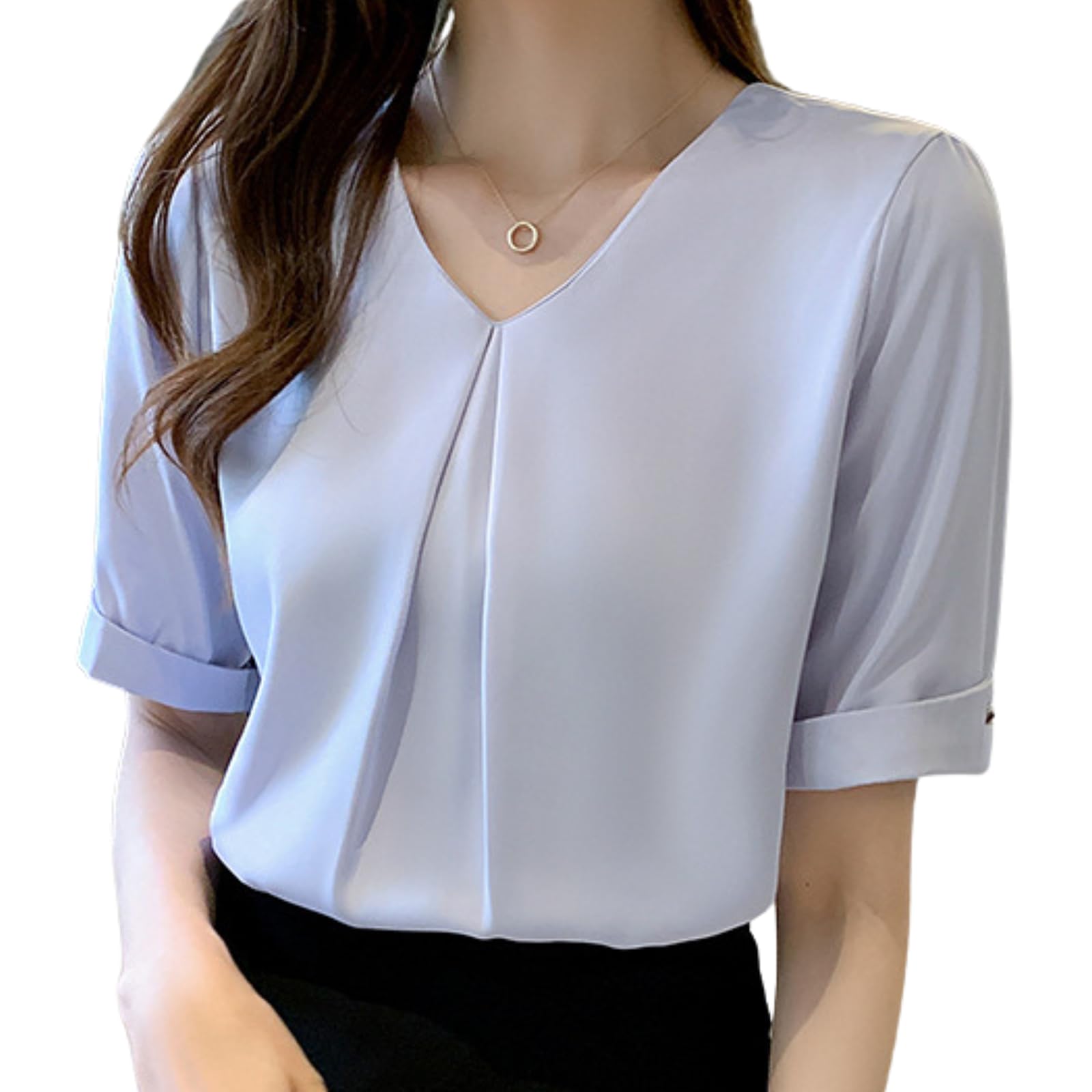 

Блузки для короткого лета, с коротким рукавом, летние, свободные, для офиса, для работы, офисные, формальные [Septora] Женские, Рукав, Рубашки, Топы, Шифон, V-образный вырез, Блузки,