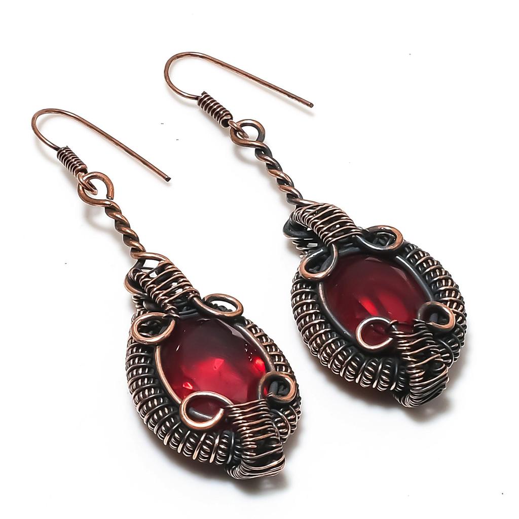 Red Garnet Jewelry, 999 Copper Wire Wrapped Earrings, Handmade Gemstone Jewelry Earrings For Memorial Day