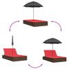 Double Sun Lounger with Cushions & Sun Umbrella Brown Poly Rattan