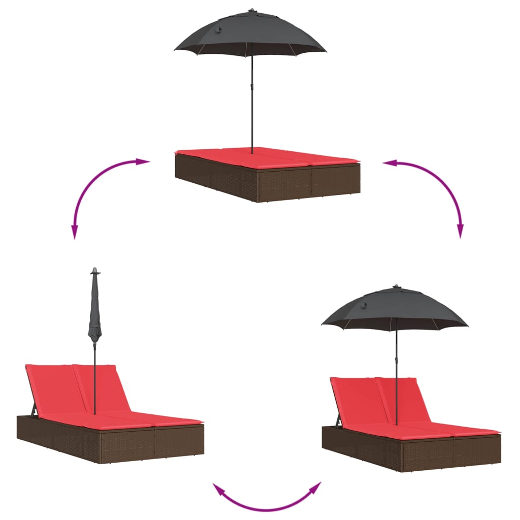 Double Sun Lounger with Cushions & Sun Umbrella Brown Poly Rattan