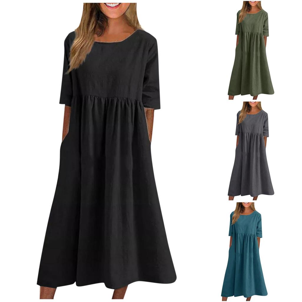 Damen Sommer Farbe Rundhals Halbarm Langes Farbe Kleid Lässig