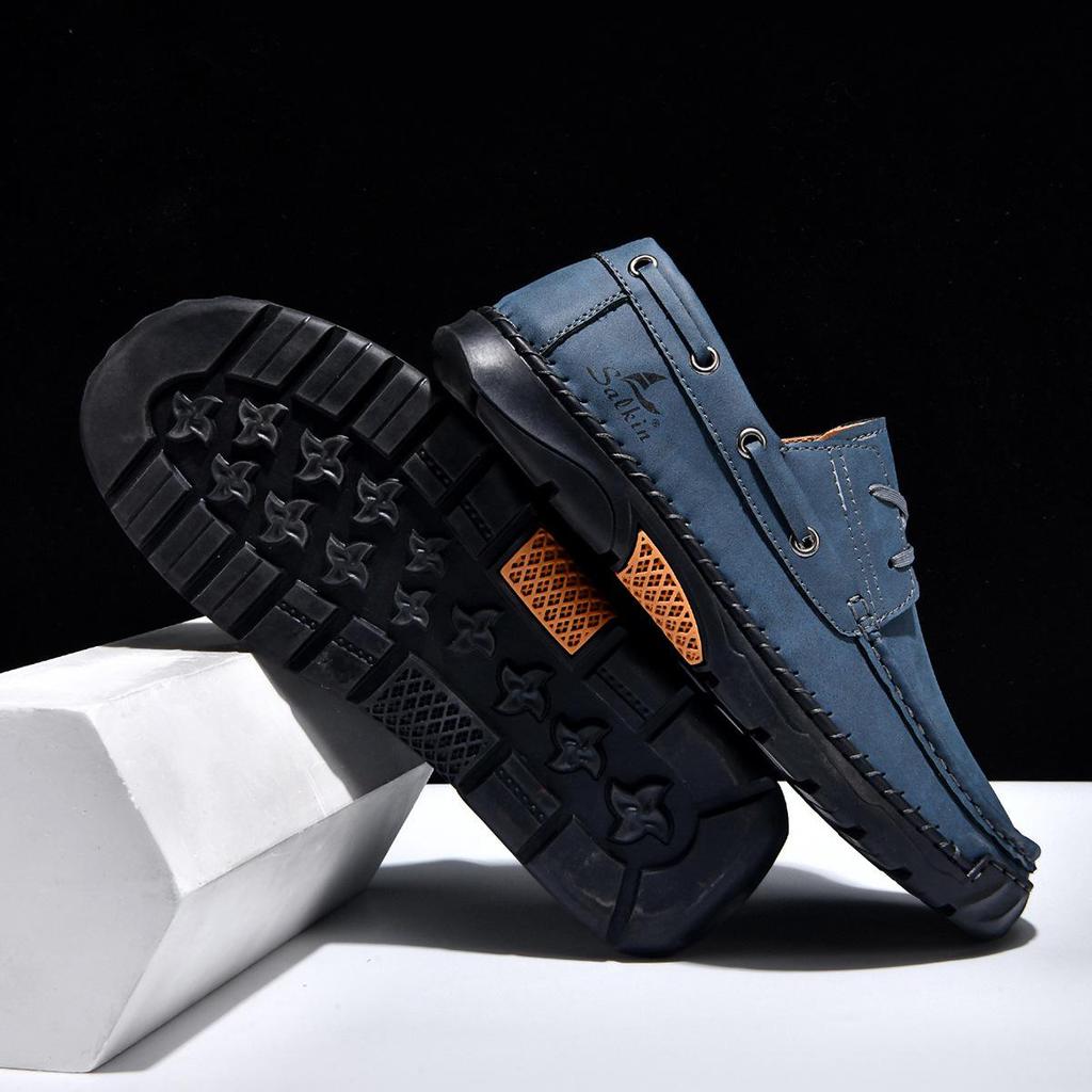 2026 Plus Size Men's Leather Casual Loafers - Hand-Stitched Low-Top Shoes for Spring
