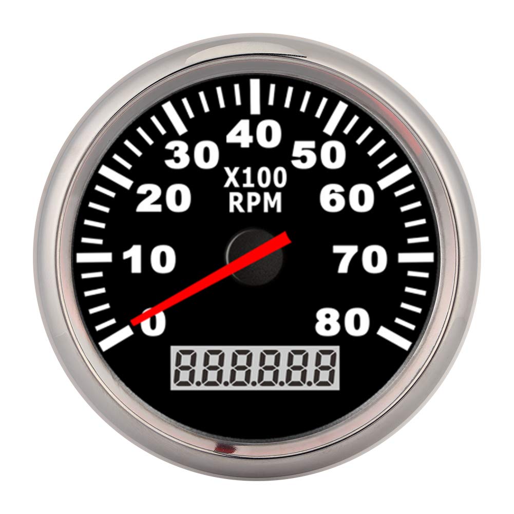 Akozon Pointer Digital Tachometer Waterproof Red LED Backlight Gauge 8000 RPM /24V Marine Hour