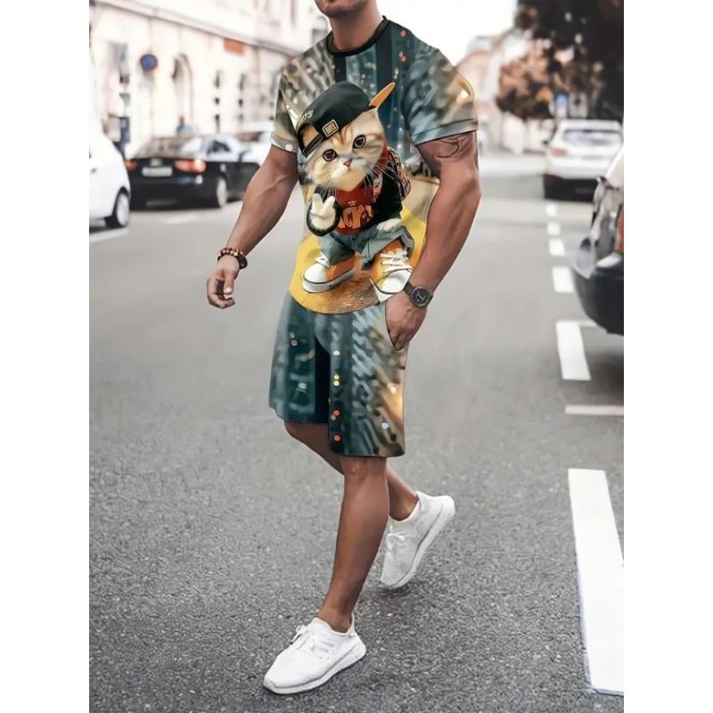 Hip Hop Style Personality Cartoon 3D Printed Men's Round Neck Short Sleeve 2 Fashionable Street Sports All-match Men's Suit