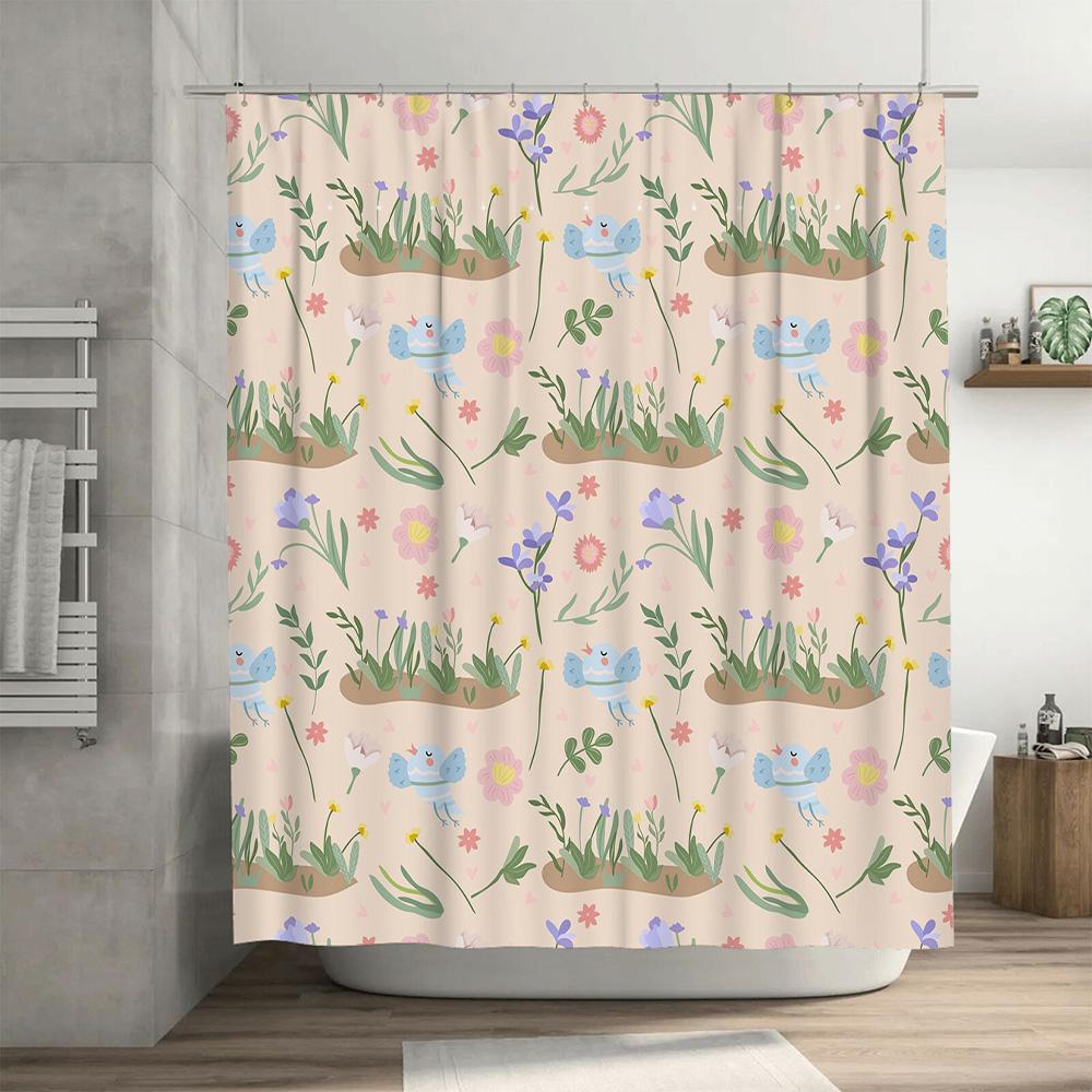 Whimsical Blue Birds Floral Print Shower Curtain for Bathroom Decor Pink Pastel Colors with Butterflies Garden Motif Design 3D