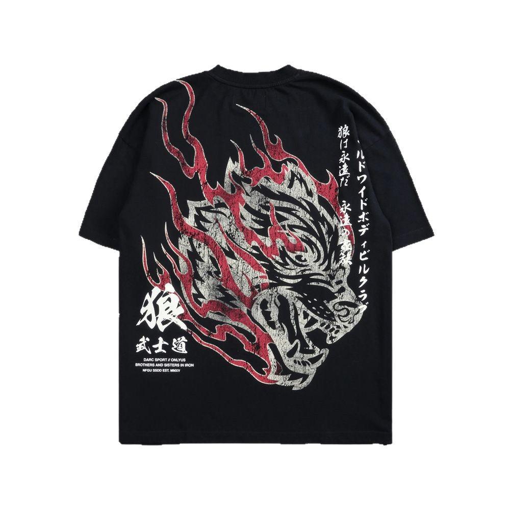 New DARCSPORT Wolf Head Bushido Short Sleeve Men's and Women's Oversized Yk2 American Sports and Leisure Loose Printed Cotton T-shirt