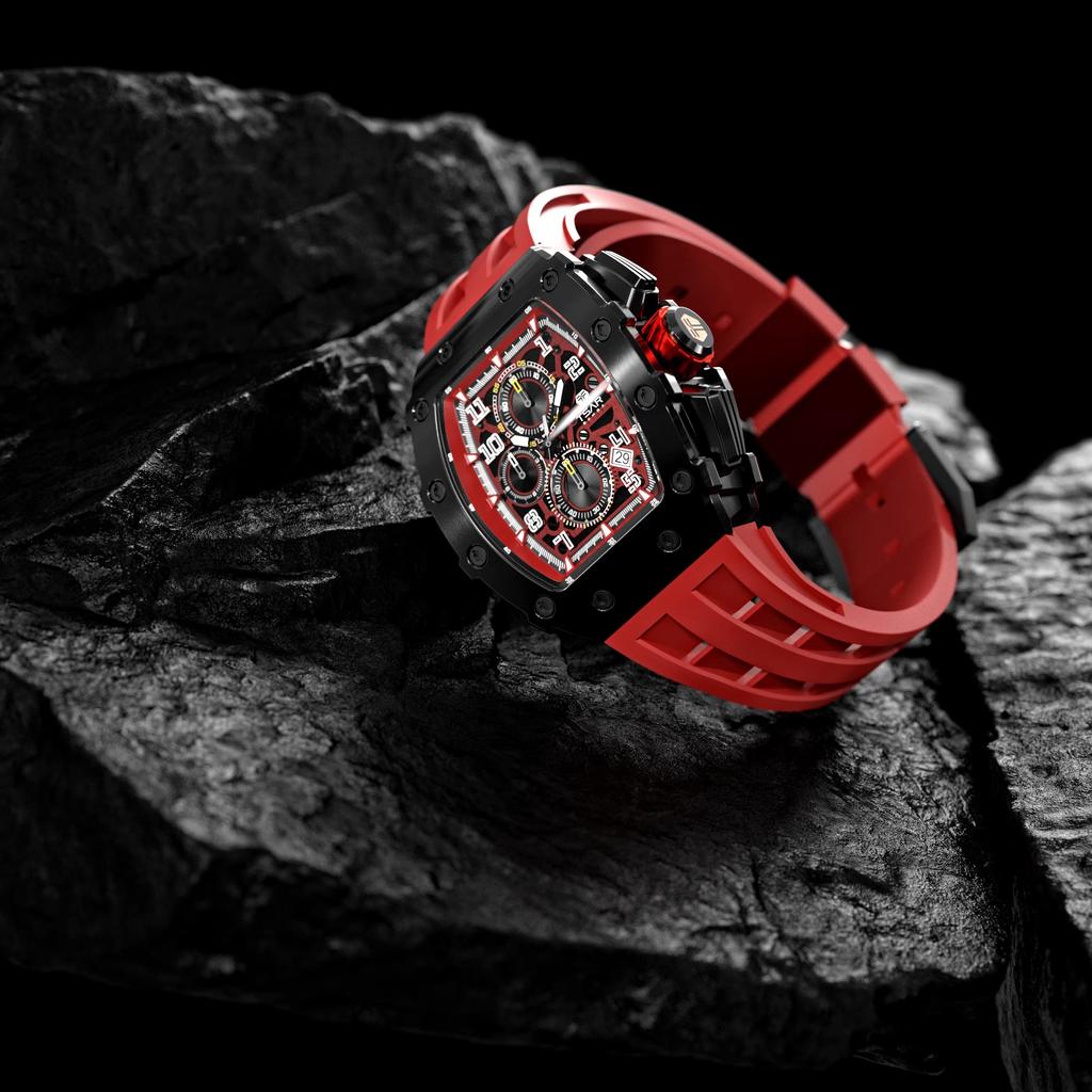 TSAR BOMBA 5 ATM Water Tonneau Stainless Barrel Men's Wristwatch, Resistant, Shape, Steel, Business, Sports, Luxury, Fashion, Casual, Shape, Black/Red