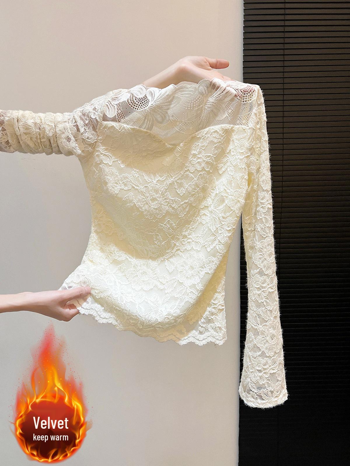 

Women s Plush Lace Patchwork Shirt - Winter Warm, Exquisite & High-End Feel, Long Sleeve Top XL