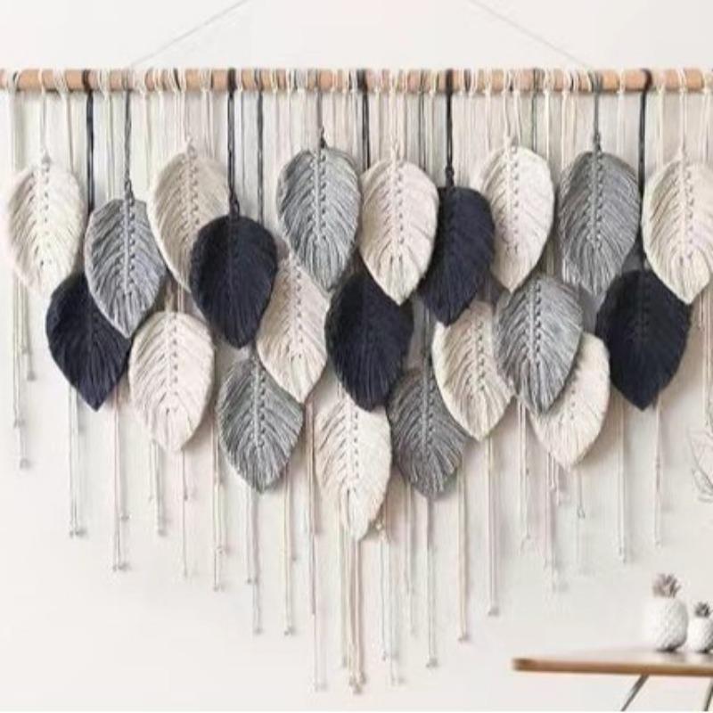 Boho Home Decoration, Macrame Tapestry Macrame Leaf Feather Wall Hanging Decor for Living Room Bedroom, Boho Wall Art Home Decor