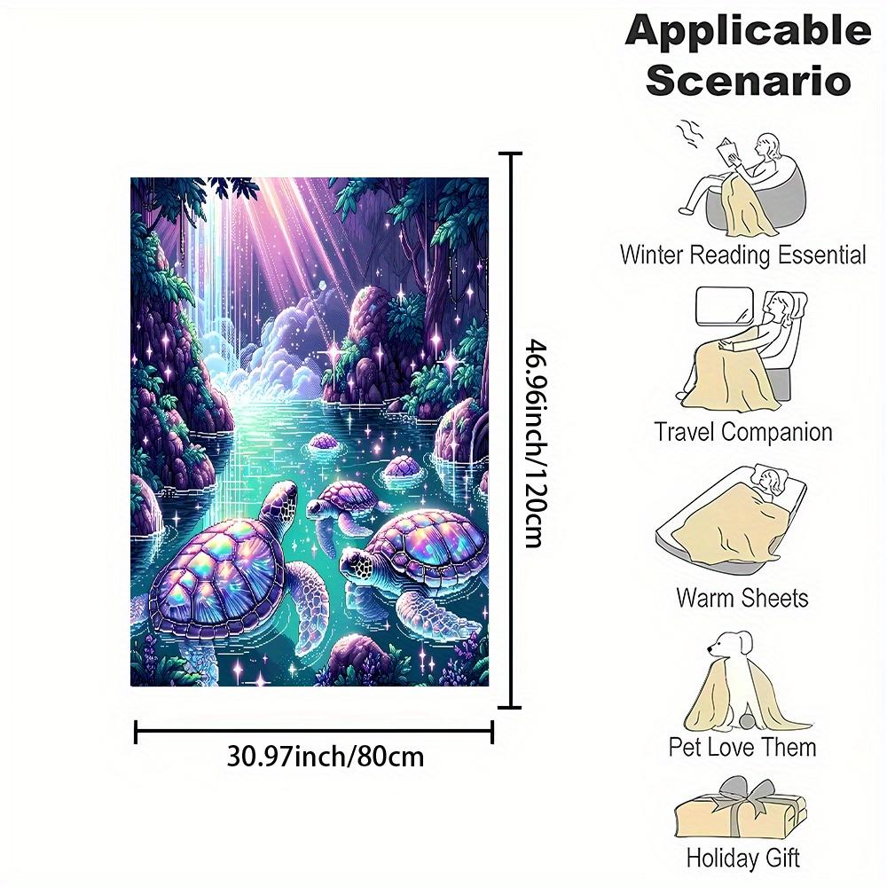 Reversible Digital Print Flannel Throw Blanket, Soft Non-Shedding Polyester with Contemporary Cartoon Turtle Pattern
