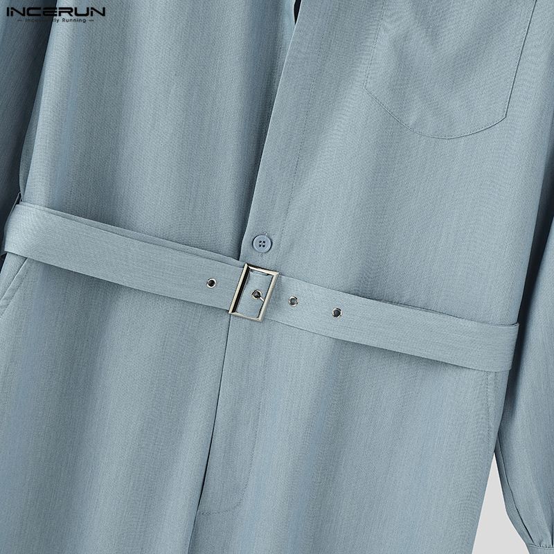 INCERUN Men Lapel Neck Long Sleeve Belt Solid Color Casual Buttons Long Jumpsuits Rompers