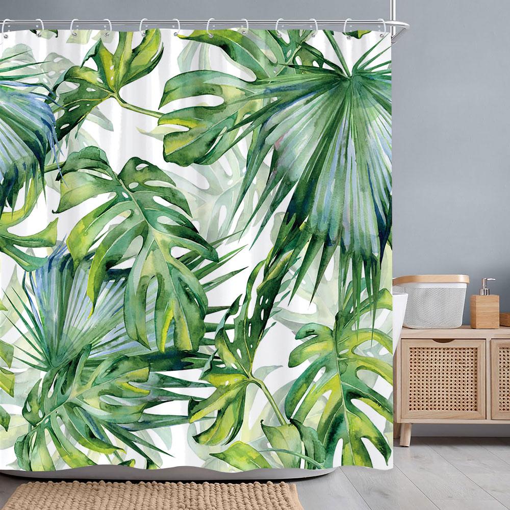 Tropical Botanical Flower Shower Curtain Beige Green Palm Leaf Flower Scandinavian Decor Bathroom Polyester Shower Curtains Set