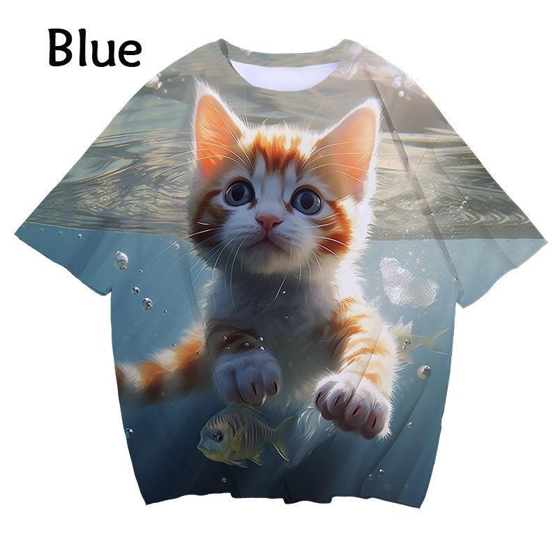 New 3D printed women's T-shirt with cute cat enthusiast pattern T-shirt casual round neck short sleeved large T-shirt top