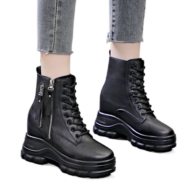 2025 Autumn Women's Genuine Leather Hidden Heel Martin Ankle Boots - Versatile Style with Thick Sole for Petite Sizes.