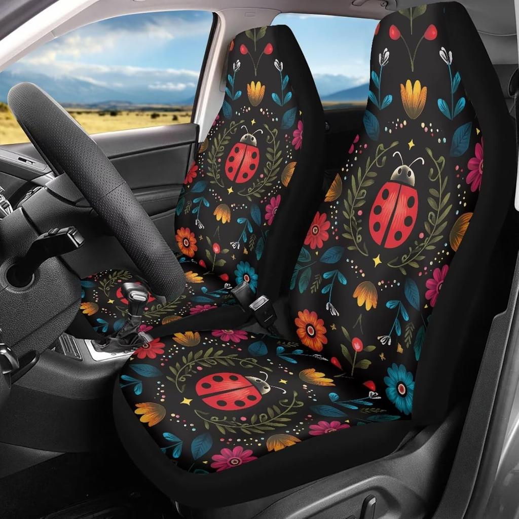 Bulopur Black Boho Floral Car Seat Covers Front Seats Only for Women Men Seat Covers w/Organizer Pocket for Cars SUV Truck Sedan