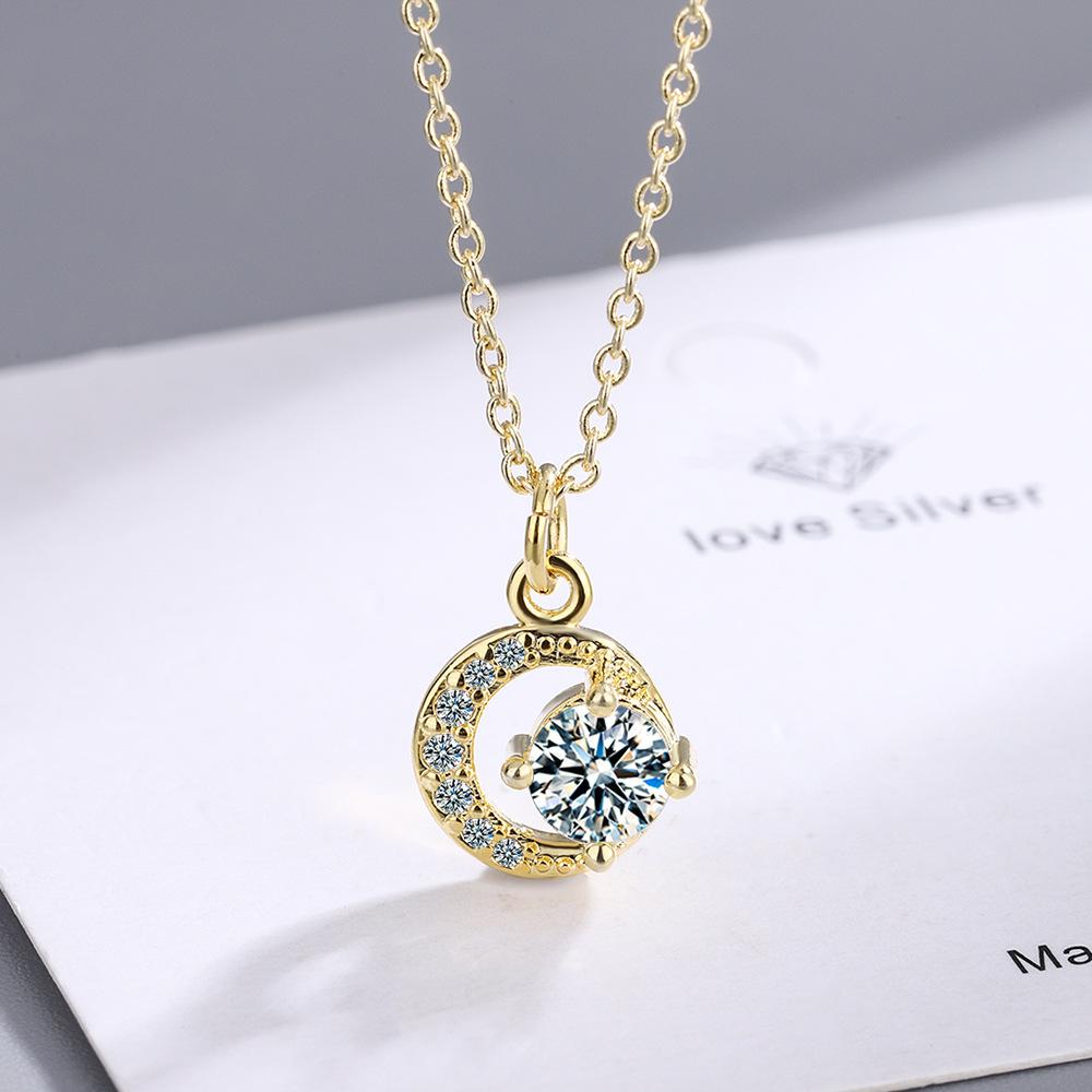 2026 Necklace Women s Korean Edition Small Fresh Round Solitaire Diamond Crescent Moon Sweet Clavicle Chain Necklace 45CM