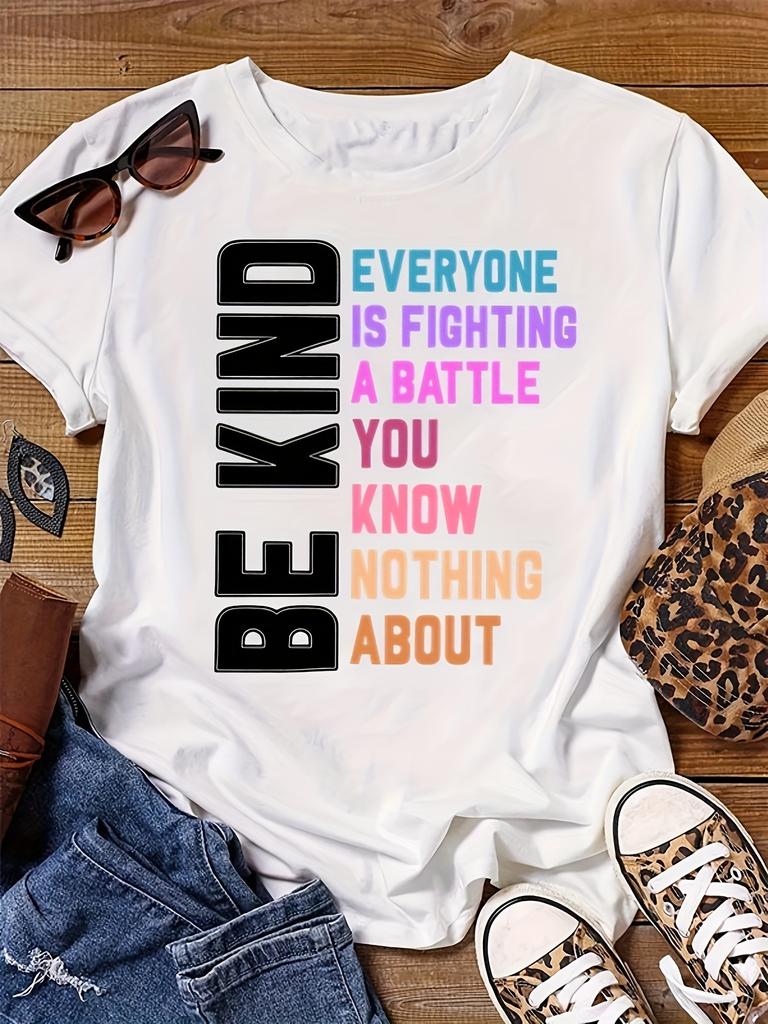Plus Size BE KIND Print T-shirt, Casual Short Sleeve Crew Neck Top For Spring & Summer, Women's Plus Size Clothing