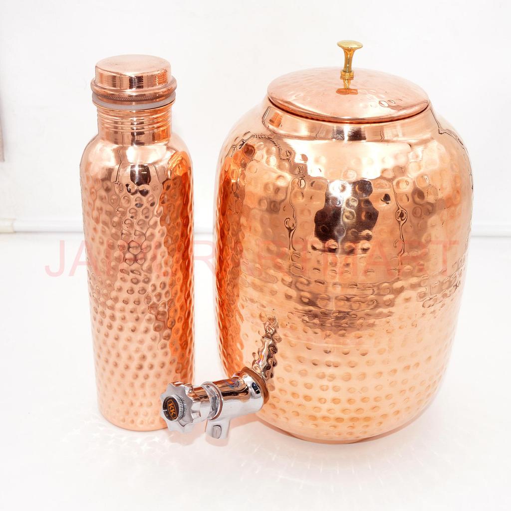 Copper Water Dispenser 8L with 1 Bottle Hammered For Drinking– Ayurvedic Health Benefits