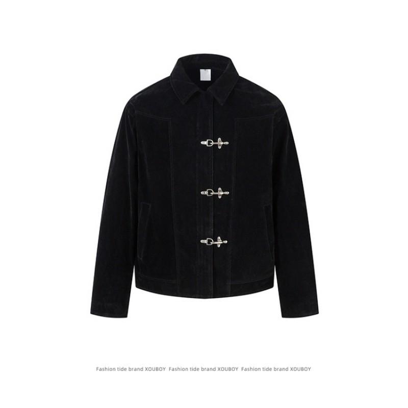 Unisex Vintage Suede-Style Cropped Jacket With Patchwork Detail Loose Fit Outerwear