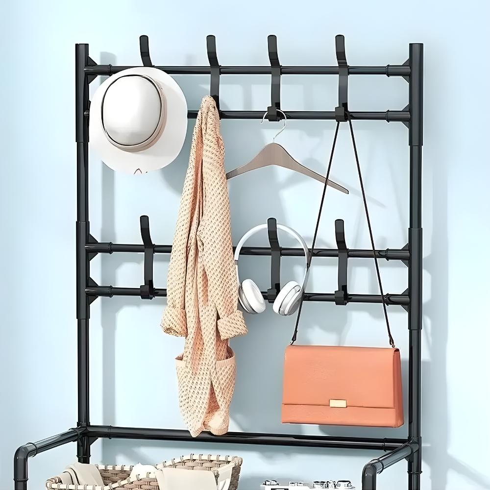 Standing clothes rack for shoes in the hallway with shelves, black, wardrobe