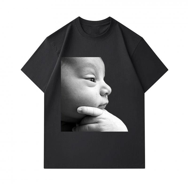 Men's 100% Cotton Crew Neck Short Sleeve T-Shirt, Cute Thoughtful Baby Portrait Print Casual Soft Breathable Tee for Daily Wear