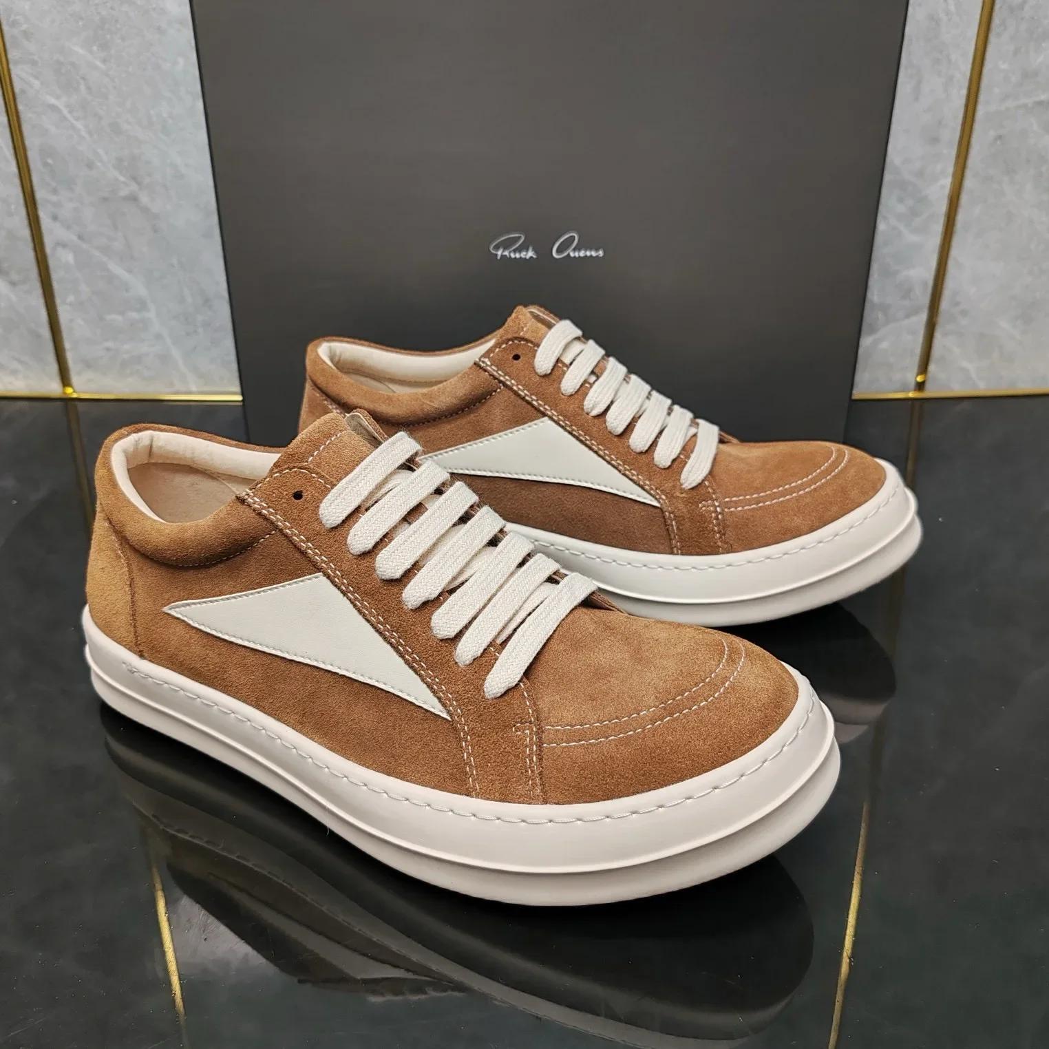 

Ro Top quality designer Thick bottom classic khaki triangle canvas shoes cowhide suede casual Joker low-cut couple shoes. 35