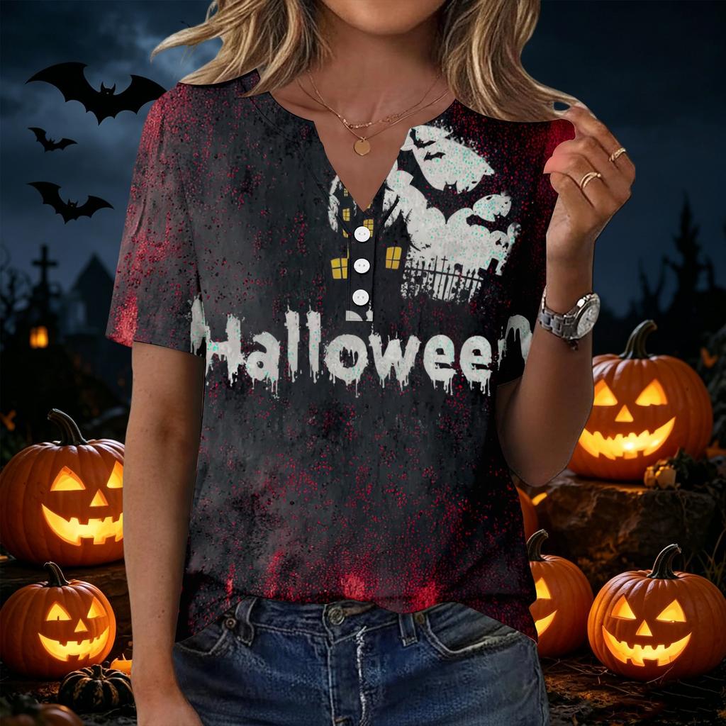 Women's Casual Halloween Print V Neck Button Front Three Quarter Sleeve T Shirt Top Lightweight Soft Fabric Comfortable Fit