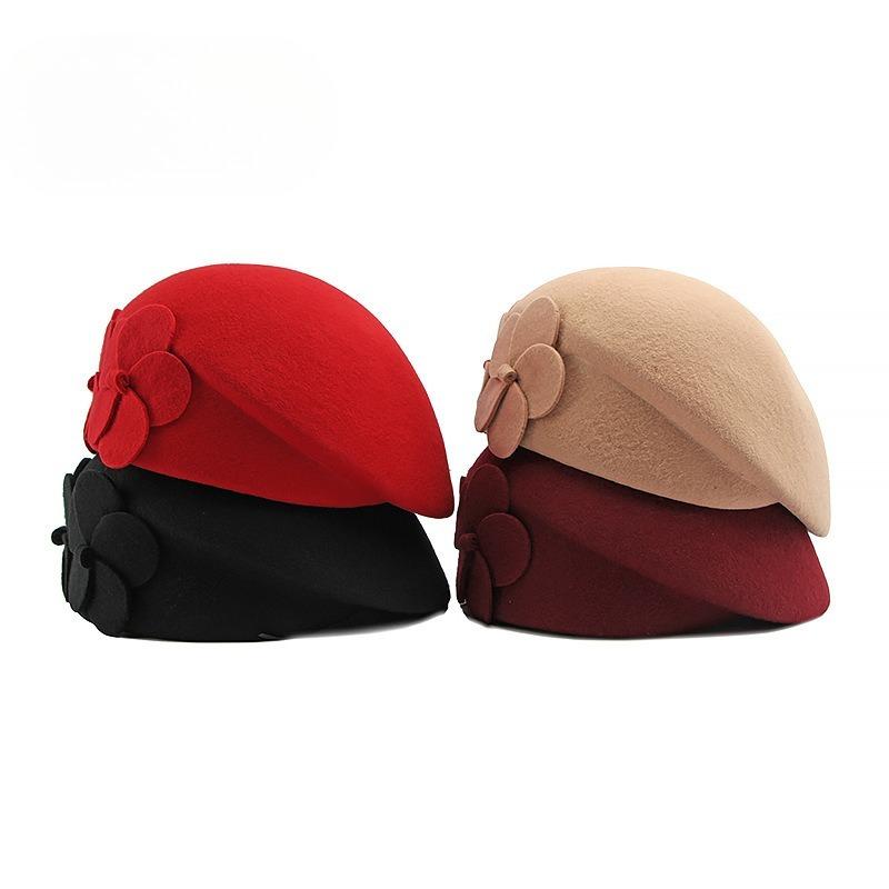 100% Pure Wool Beret for Women Elegant Floral Woolen Hat Vintage French Style Painter Cap Autumn Winter Warm Stewardess Hat Solid Color