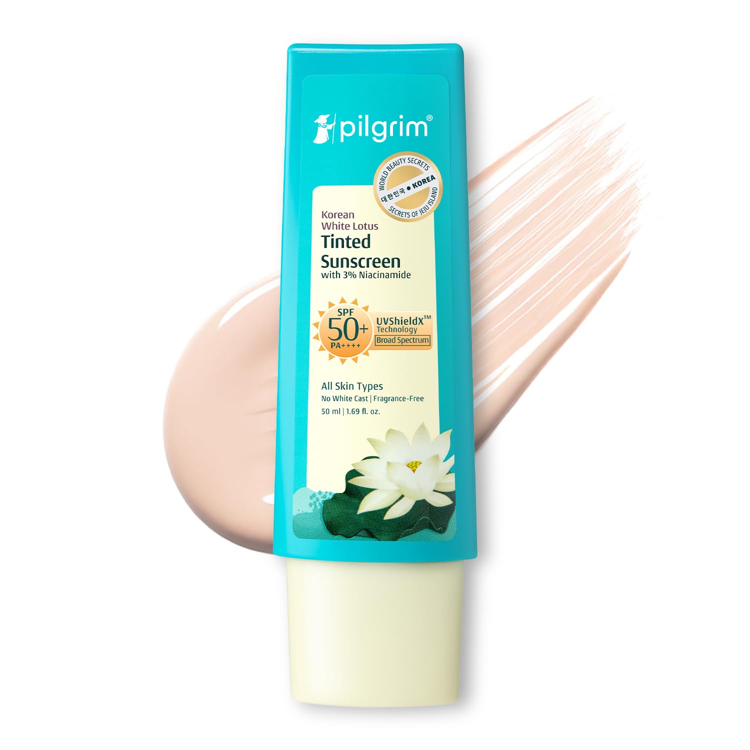 Pilgrim White Lotus Tinted Sunscreen SPF 50+ PA++++ with Niacinamide 50ml Lightweight No White Cast
