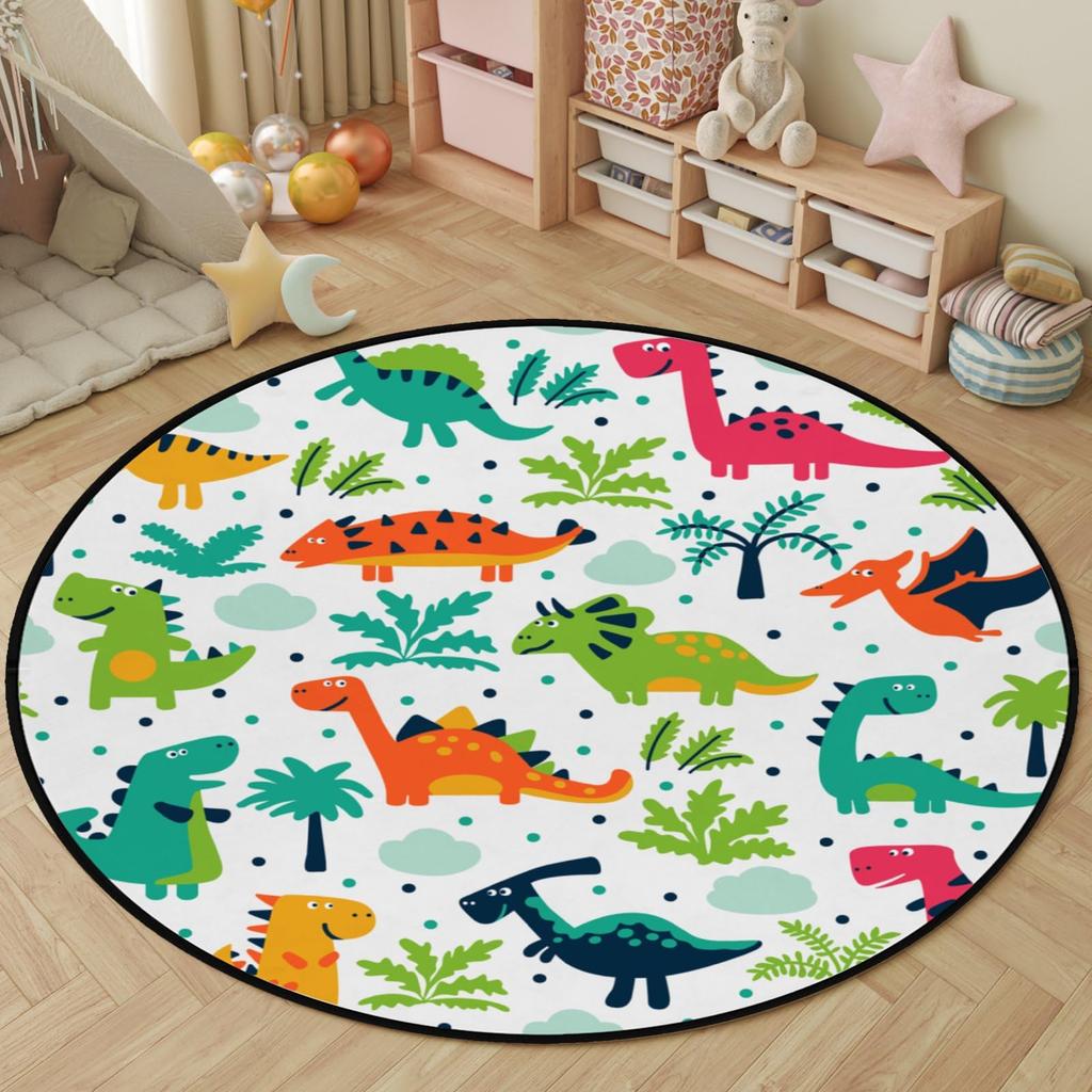 Cartoon Dinosaur Round Carpet Cute Dino Circle Rug for Living Room Playroom Office Laundry Decor Non-slip Comfort Play Yoga Mat