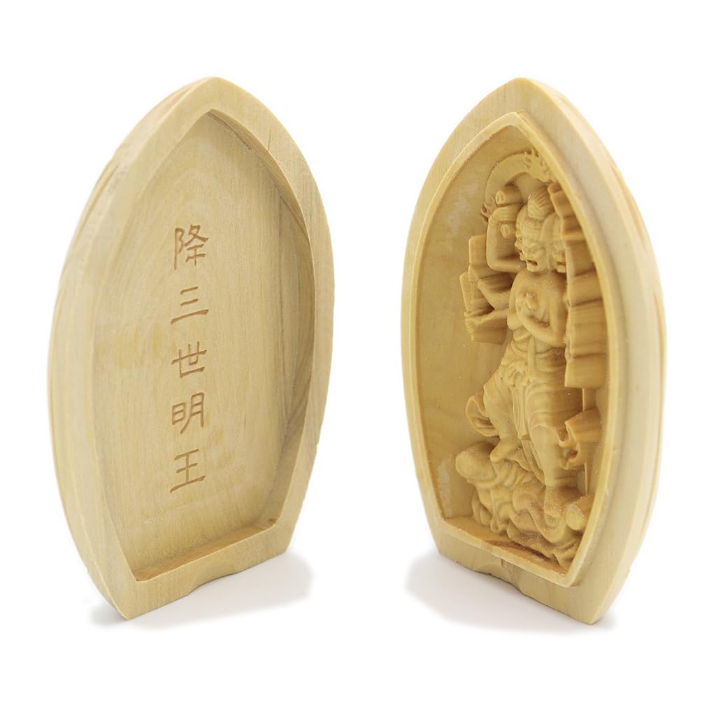 Special Buddhist Statue Gosanze Myoo Incense Holder Buddha Guardian Deity Width Boxwood Wood Carving 17548 Kurita's [Guardian Deity] (Lotus-Shaped