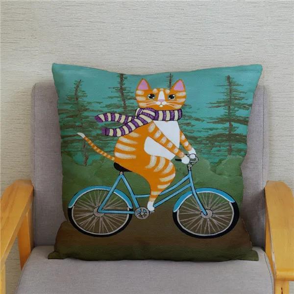Cartoon Cycling Cat Print Cushion Cover Super Soft Pillowcase 45x45  Home Decor
