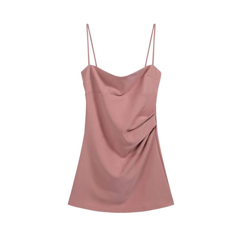 Spring/Summer 2026 Elegant Pink Pleated Waist Bodycon Camisole Dress for Women
