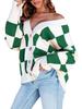 Autumn Winter Women's Casual Loose Checkered Checkerboard Plaid Collision V-neck Buttoned Long-sleeved Knit Cardigan Comfortable Long Sleeves Sweater