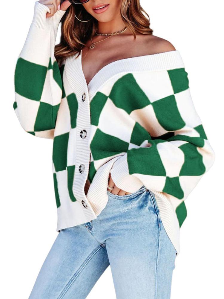 

Осень Зима Женский Повседневный Свободный Клетчатый Клетчатый Плед Контрастный V-образный вырез На пуговицах С длинным рукавом Вязаный Кардиган Удобный С длинными рукавами Свитер XXL