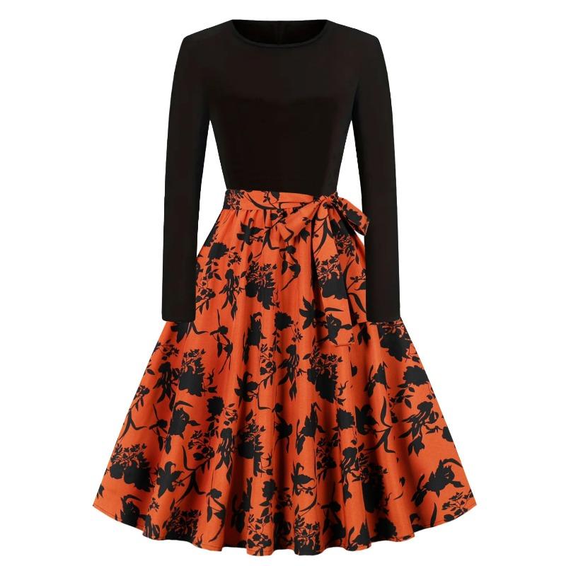 Autumn and Winter New Retro Women's Clothing Round Neck Long-sleeved Black Spelling Print Pendulum Dress