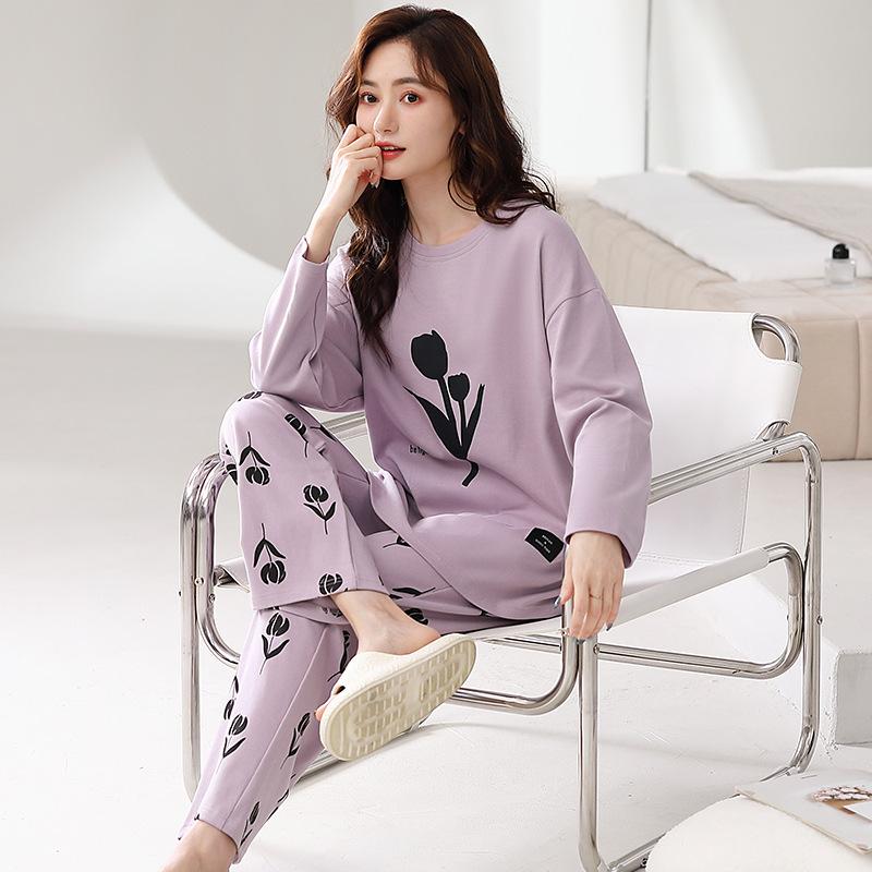 Pajamas Women'S Spring And Autumn Pure Cotton Long-Sleeved Autumn Loose Large-Size Loungewear Cotton Outerwear Set