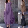 Bumbac Lenjerie Leagăn lejer Casual Culoare uni Rochie de buzunar cu gât rotund Rochie lungă de vară pentru femei Rochie sexy oversize Gâtul O