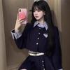 Navy Preppy Style Two-Piece Top: Slimming Long Sleeve Black Set for Women - Autumn/Winter Hot Girl Edit