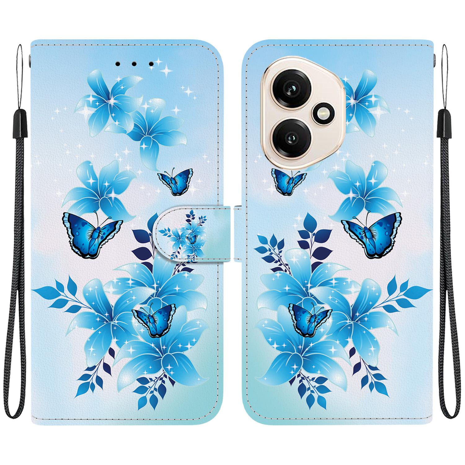 

For Honor 400 5G (Global) Case Pattern Printing Leather Flip Wallet Phone Cover with Lanyard Blue Butterfly