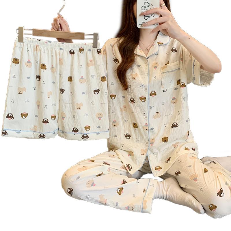 Bear Paradise Pajamas Women'S Spring Summer Cloud Cotton Short Sleeve Three-Piece Cartoon Cute Girly Loungewear