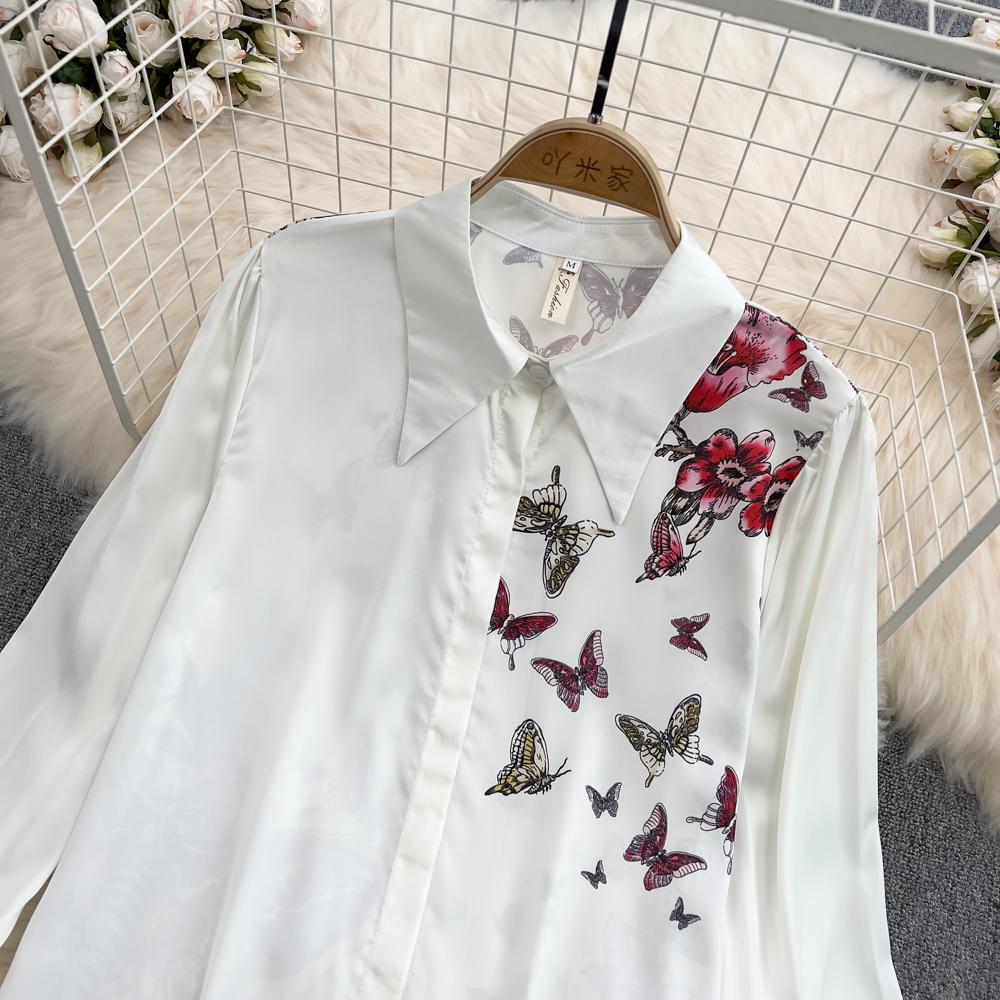 Fashion Suit Female European Station Temperament Long-Sleeved Printed Shirt Two-Piece High Waist Pleated Skirt Spring