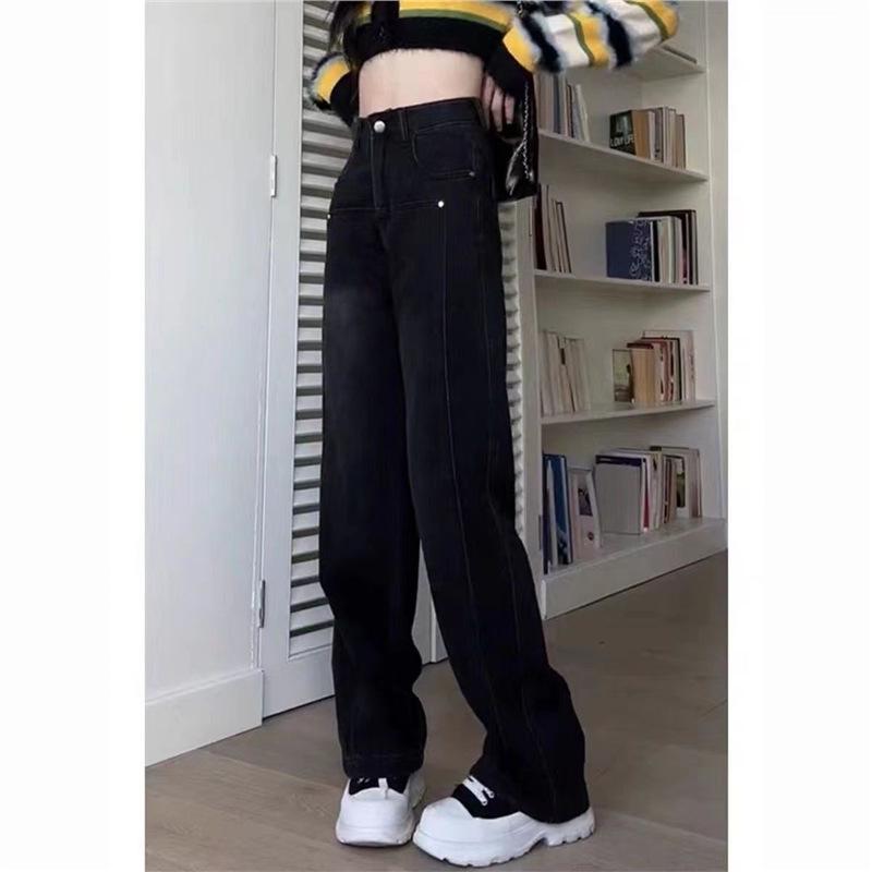 Plush Thickened Retro High Waist Black Gray Wide Leg Jeans for Women 2XL