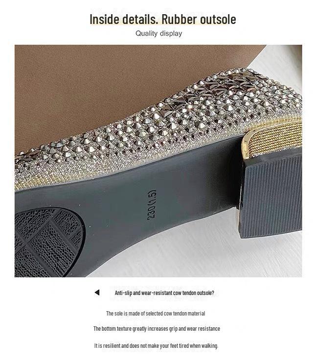 Women's 2024 Diamond-Studded Pointed Toe Chunky Heel Shoes for Spring & Autumn - Soft Bottom Wedding Shoes, Versatile Fairy Style, Large Sizes