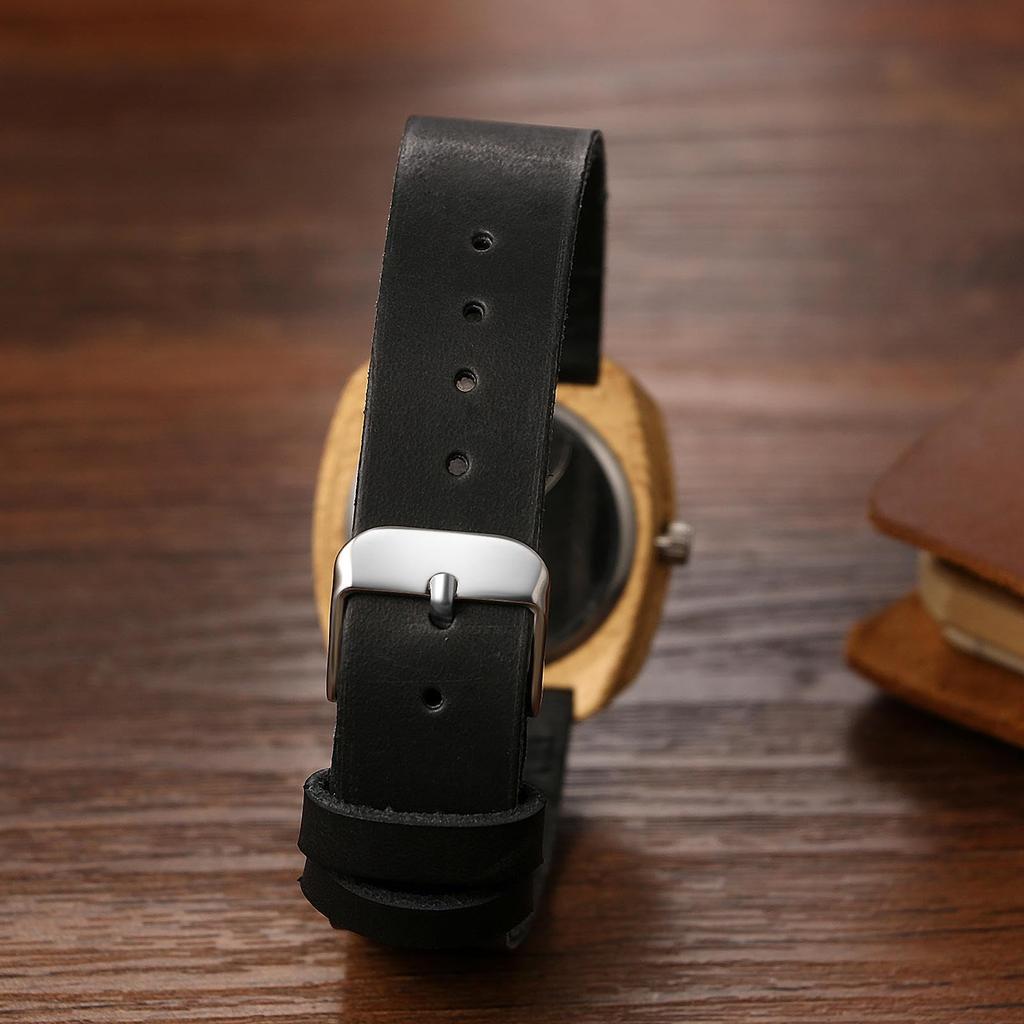 Watch with Bamboo Genuine Leather Arabic Wooden Dial with Quartz Analog Soft Leather Casual Business Stylish Gift Women's Design, Strap, Numerals,