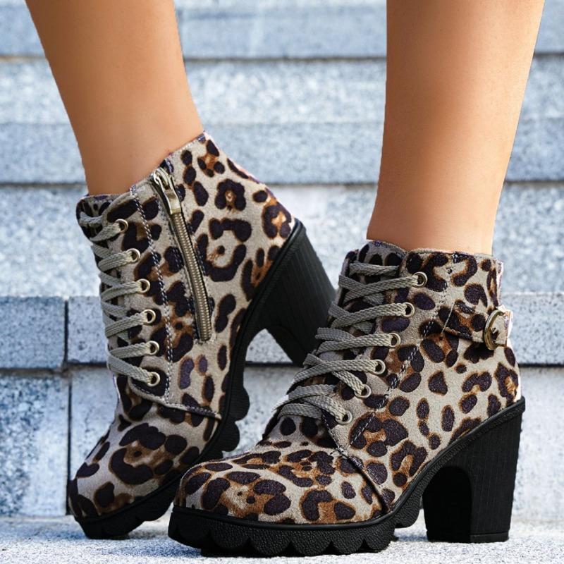 Autumn and Winter New High-heeled Women's Boots Cross-strap Short Boots Belt Buckle Thick-heeled Martin Boots Leather Boots Women Shoes
