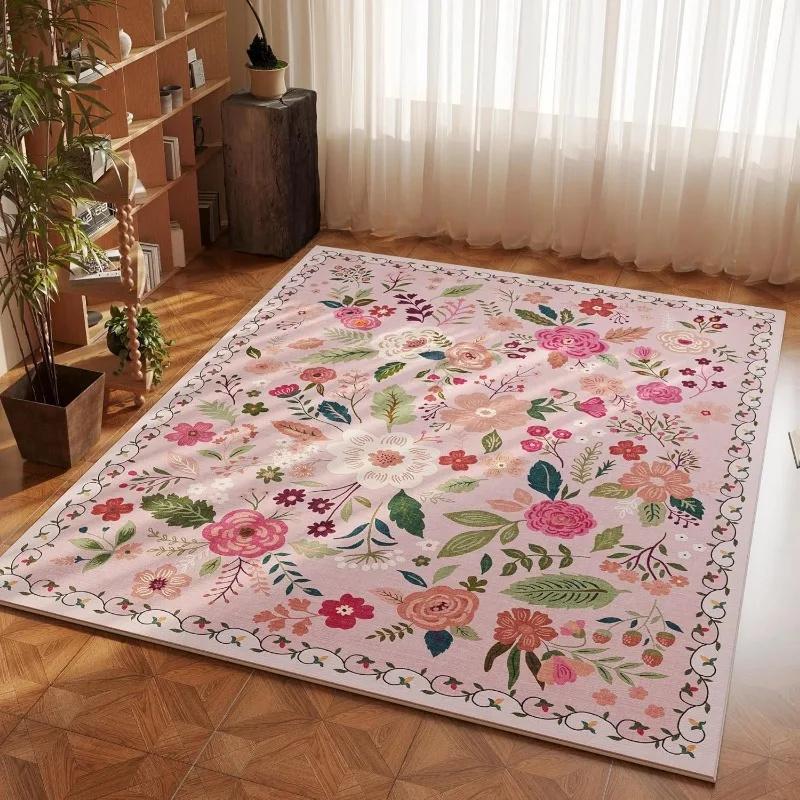 Pink Vintage Floral Living Room Carpet Washable Bohemian Area Rug Non Slip Kitchen Lovely Plant Interior Decor Carpet Nursery