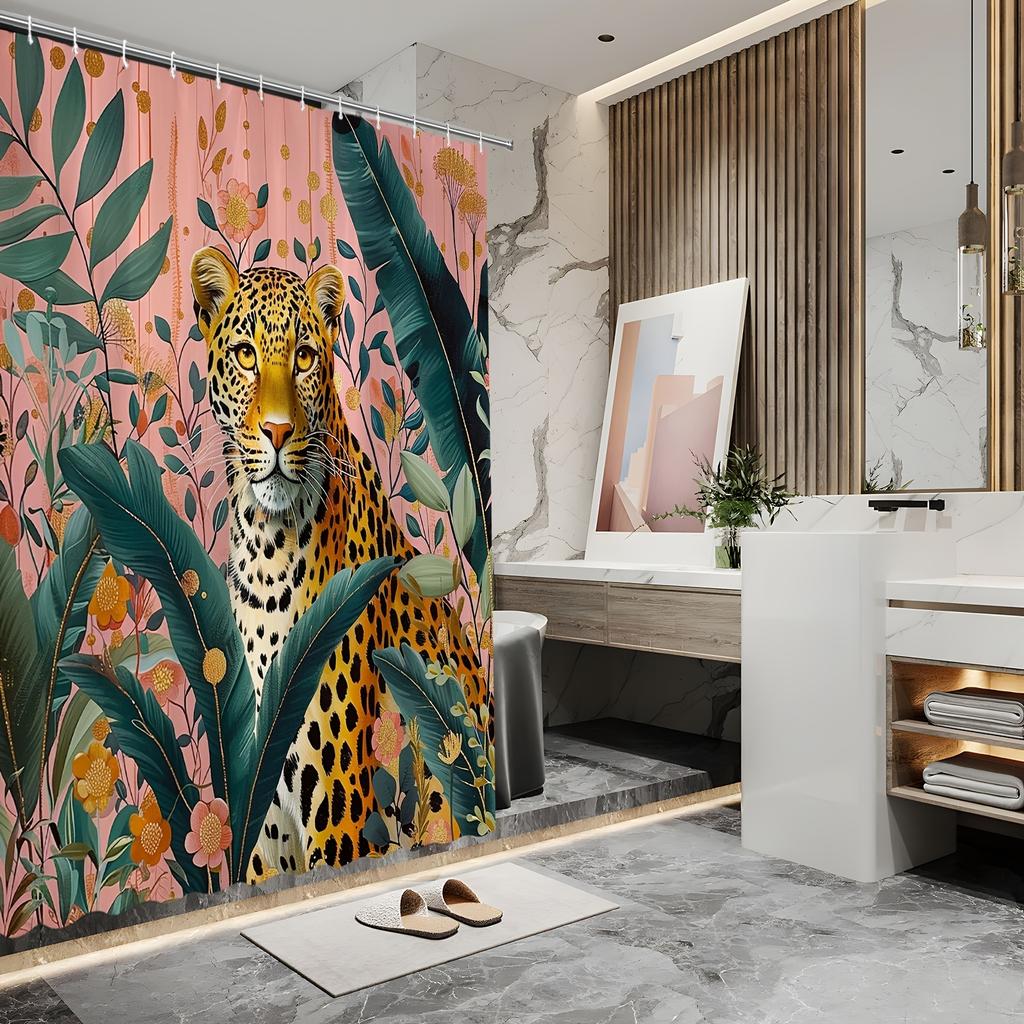 1pc Shower Curtain Majestic Leopard Jungle Theme Bathroom Decor Polyester Fabric with Tropical Foliage Pink Floral Background