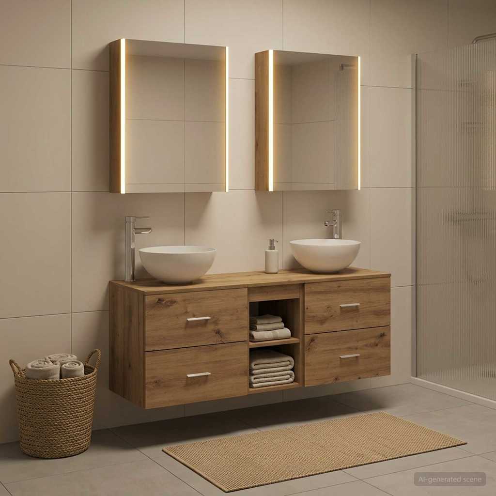 5 Piece Bathroom Furniture Set Artisan Oak Engineered Wood and Glass