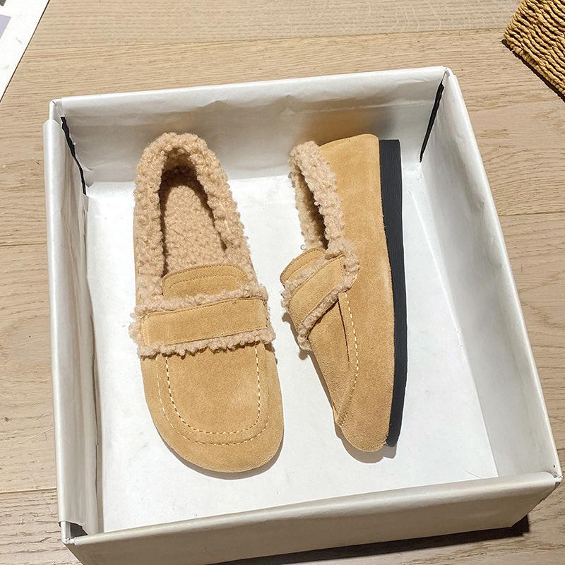 Damen Mokassins aus lockigem Lammfell echtes Leder Fell Flats Damen Band Schnalle Lammwolle Slipper Winter Fellschuhe für Frau